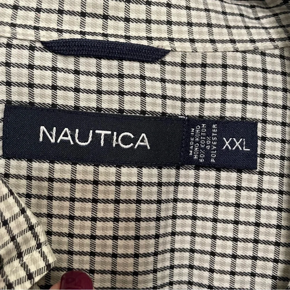 Nautica Button Down Long Sleeved Dress Shirt Tan Black Plaid Size XXL